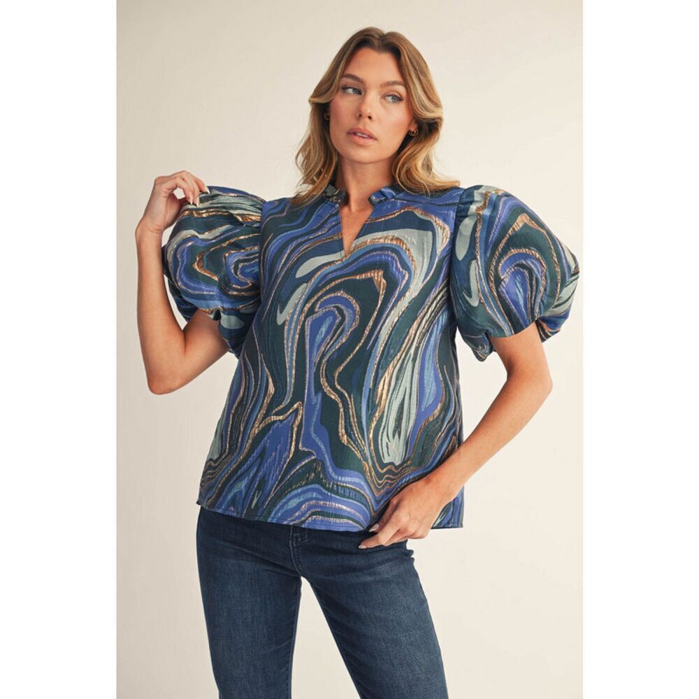 273. Blue Metallic Jacquard Blouse